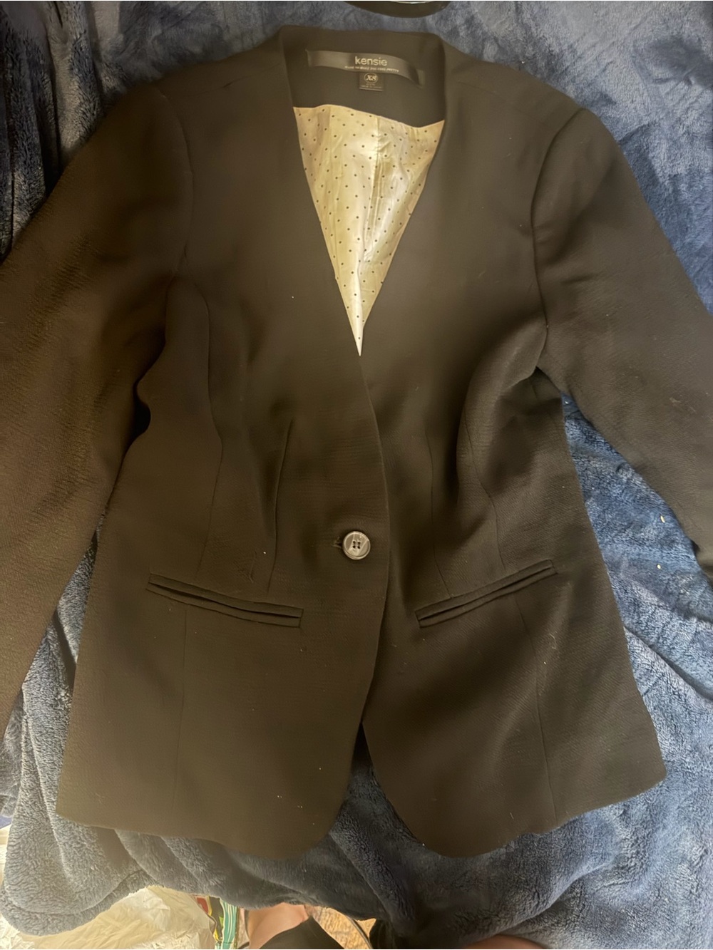Kensie Black Single-Button V-Neck Blazer with Polka Dot Lining